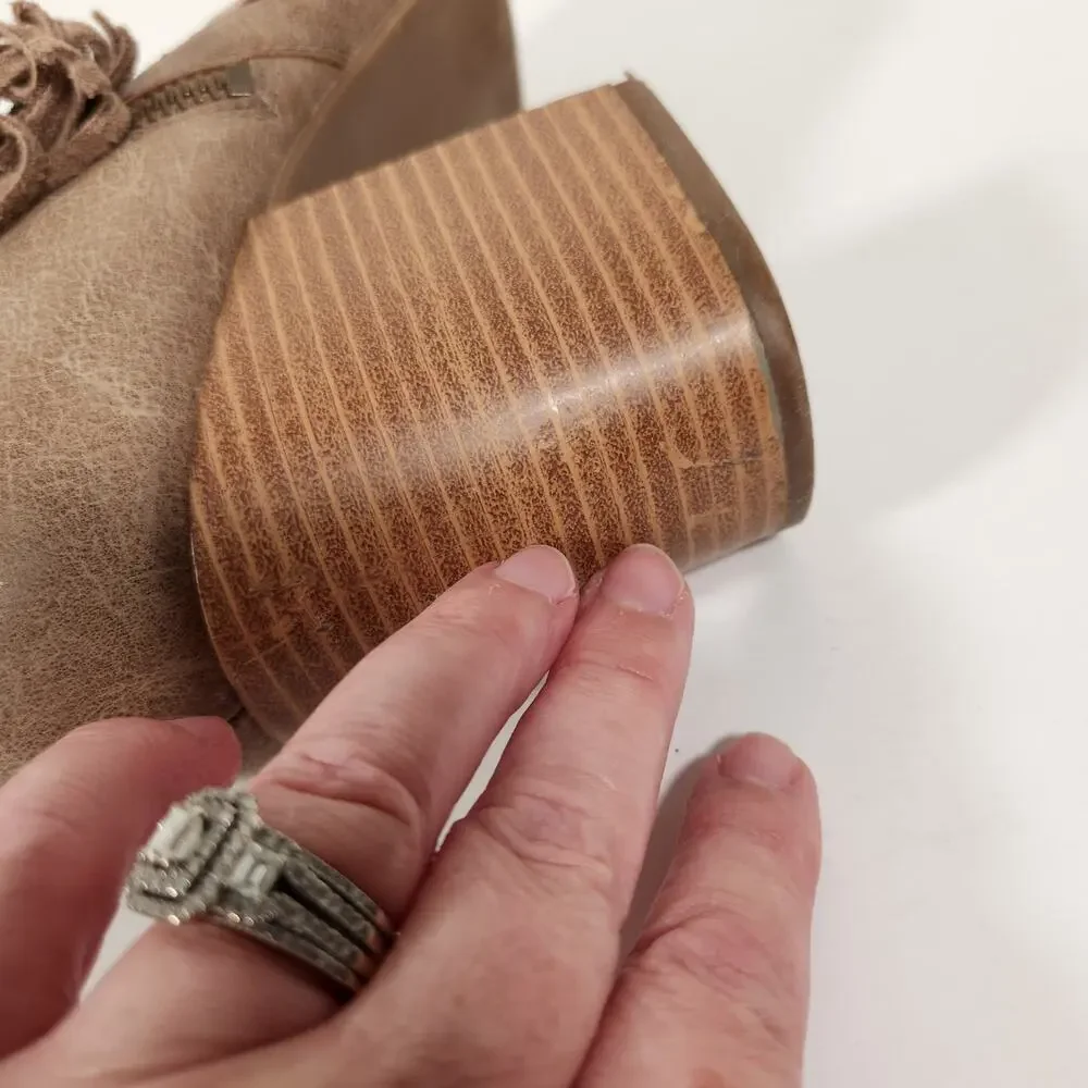 MAURICES Ankle Boot Womens 10M Tan Faux Suede Laser Cut Out Open Toe Tassel Boho